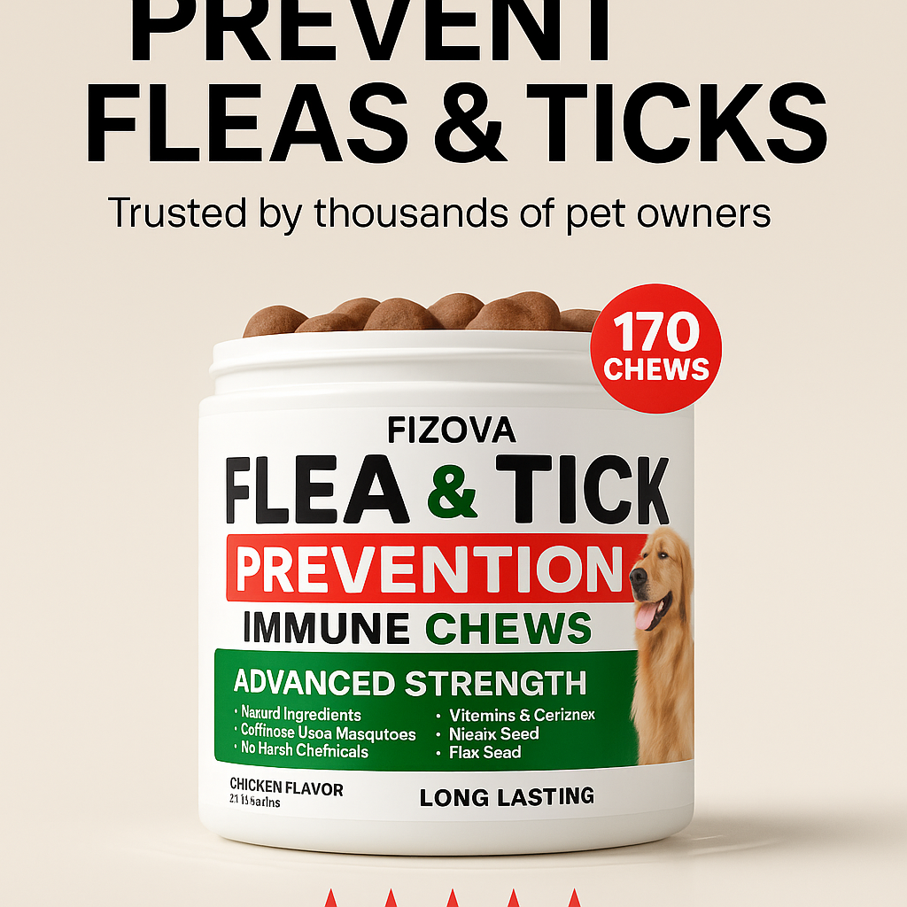 Fizova flea and tick prevention immune chews container with text on a beige background