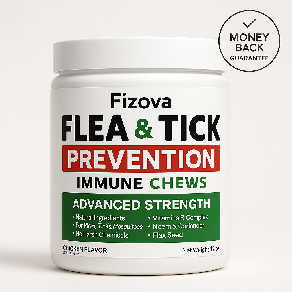 Fizova Flea & Tick Prevention Immune Chews container on a white background