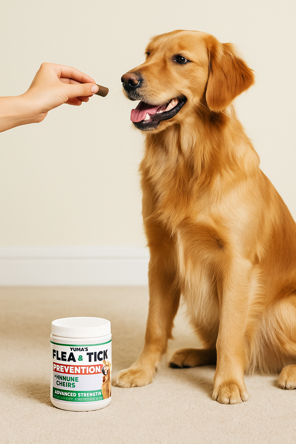 Dog sitting on a carpet next to a bottle of flea and tick prevention product.